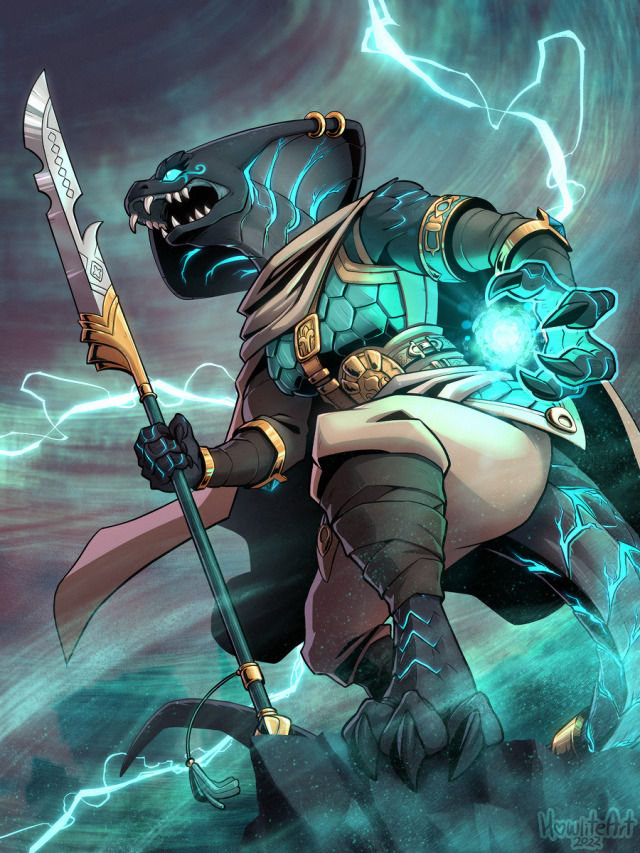 A black and teal sethrak (snake person) standing on a rocky outcrop, seen from below. She is in a teal-colored sandstorm with lightning bolts flashing behind her. A spear is held up in one hand, while the other is readying a (also teal) spell. She is roaring ferociously.