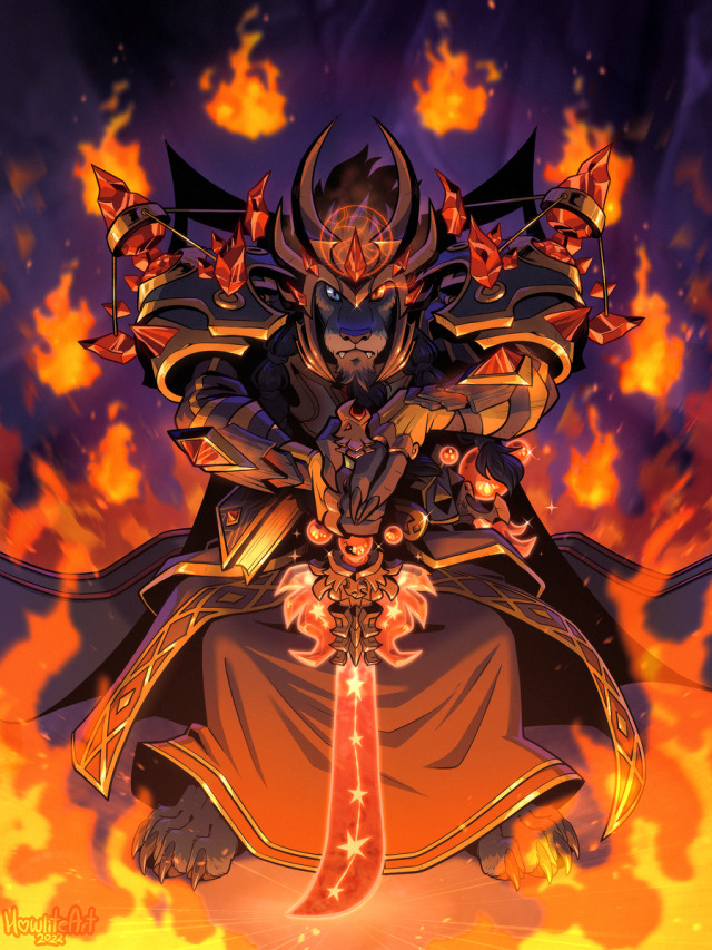 A worgen (anthro wolf/werewolf) in black and gold armored robes, facing the audience with his hands resting on a celestial-phoenix-styled sword. Eight motes of fire float around him, and he is also surrounded by flames.