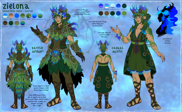Reference sheet of a human with scales and antlers, dressed in green, foresty armor, and a green dress.