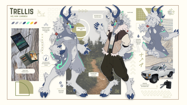 image is a reference sheet of the flakealso's character Trellis. Trellis is a caribou with three shades of blue-grey fur (darker, lighter, and pale) and accents in the colours of deep blue and a vibrant teal. Trellis has long, pale grey hair neatly tied into a loose ponytail near the bottom with a muted-red tie. His antlers are a deep blue and angular and pointed at the tips, comprising of only the main beam and a single brow tine on each antler. Trellis has three pale grey dots on each cheek, shoulder, and upper thigh. His vibrant teal accents tip his ears, as well as border where his lighter and darker fur meets at his upper biceps, lower thighs, as well as where the dark meets pale grey on his tail. Trellis also has teal "tearmark" markings that begin at the outer corners of his eyes, thinly trace under each eye, and fan out over his upper lip area around the nose. Trellis' reference sheet also features a white pickup truck, a tablet, and a phone wallet. There are various gardening tool icons decorating the reference sheet, including a rake and shears.