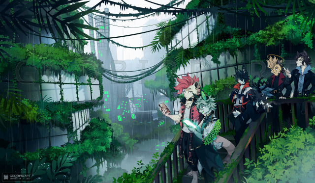 image is an illustration of six of godbirdart's characters / fursonas: Sebastian, Euillcys, Loke, Cinder, Octis and Arthenos. they are standing on a moss covered staircase, with Sebastian and Euillcys talking to each other to the left and Octis and Arthenos conversing to the right. Loke is leaning over the railing holding a cup of coffee, and Cinder is leaning against the railing in the back with their arms crossed. Behind them is a city riddled with plants and trees. Close behind the staircase sits two twin buildings caked in plants with various ivy and moss snaking along the window frames. Between these two buildings is a city stretching into the distance, thinly veiled by a misty fog from light rain more and more as they get further away. The city's lights are all a greenish-blue hue. signature reads godbirdart 2024.