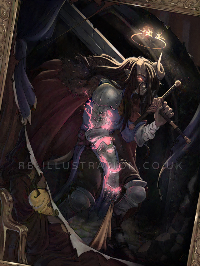 Digital fantasy illustration of a knight-like figure in armour with a long red cloak, stalking through the hallways of a ruined castle with a greatsword held over one shoulder. He has a broken, golden crown floating over his head, and is looking towards the viewer with one wide, glowing eye. He has brown skin, long dark hair and a blue tunic, with one arm formed of enchanted floating armour connected together with glowing pink magic. Framing the image are the tattered remains of a painting of a woman holding a baby. The same yellow baby blanket is held in the man's hand.