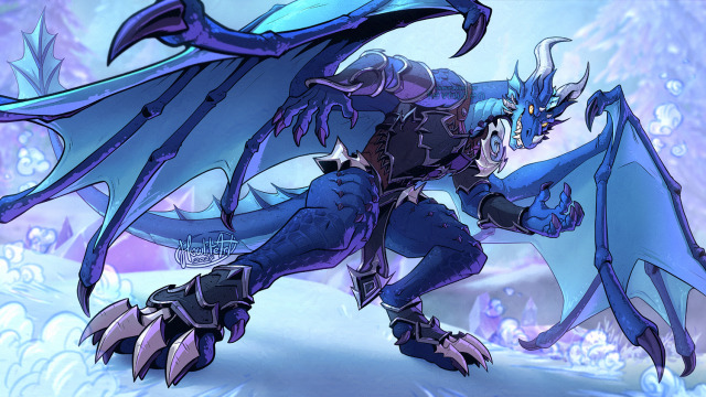 Digital art of a lightly armored blue dracthyr (dragon), slightly crouched in a ready pose, with his wings a bit curled in around him. He is grinning towards the viewer, poofs of spent magic trailing out around him.