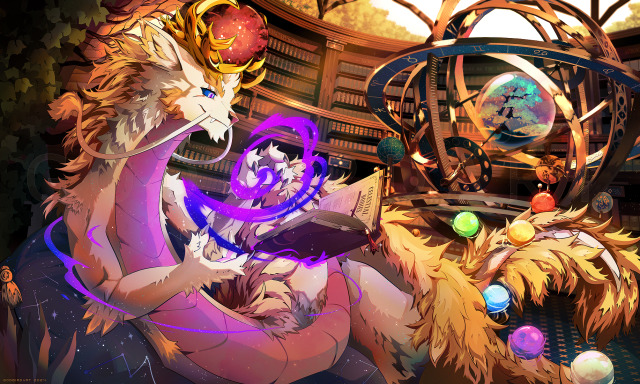 image is an illustration of the client's character Aurora. aurora is a large white and gold celestial dragon, with a pinking underbelly. his horns are metallic gold. a single red stormy orb hovers between them. around his tail hover six smaller elemental orbs of varying colours. aurora is brandishing purple-coloured magic between his claws as he consults a book. he is reclining on a thick blue cushion with constellation patterning and gold corner tassels. to the right in the background is an immense library featuring an array of books on magic and the cosmos. the ceiling is a glass dome, allowing sunlight to drift down comfortably. the center-piece of this library is a massive golden celestial globe, decorated with astrological signs and roman numerals with navy blue accents. around the lower part is are two rings of planetary dioramas. the centre bauble of this globe contains a small ethereal tree with blue foliage. signature reads godbirdart 2024.