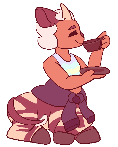 a looping gif of Okapi, sitting and waving her tail as she sips from a black teacup. Okapi is an Okapi themed taur monster girl with purple eyes, short white hair, and she wears a iridescent crop top with a black coat tied around her waist