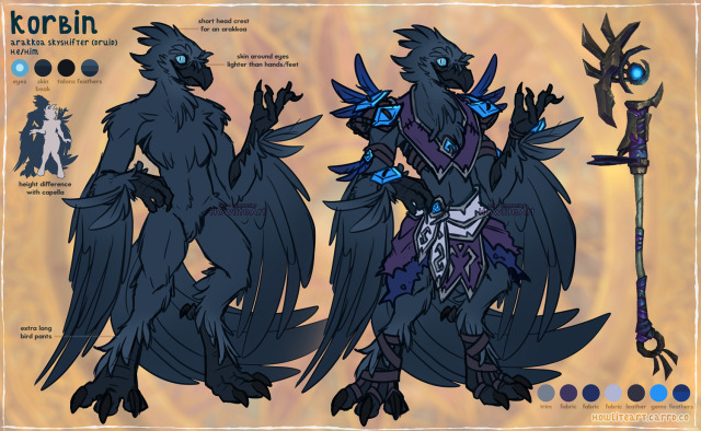 Reference sheet of a dark blue arakkoa (bird anthro), showing him unclothed, and in the tattered purple armor he wears, along with a picture of the in-game model of the staff he wields.