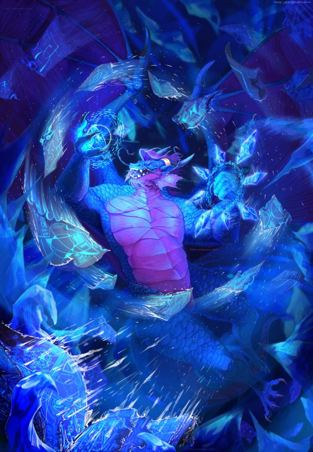 AXEL FROSTFANG is a blue-and-purple dragon with large fish-like plate scales, a purple mane and belly, and fins from his jaw. He has gold rings ornamenting his horns, and gold beads on the fins and the ends of his whiskers. He is triumphant, holding up one hand with icy sparks spinning around a glowing crystal shard. The other hand is clenched with more swirling icy sparks and a ring of ice crystals around it. Pages of frosty paper covered in glowing blue sigils are spinning around the character, with an open grimoire at the bottom of the image. A blue-black background swirls behind him, and large ice crystals frame the bottom 2/3rds of the image.