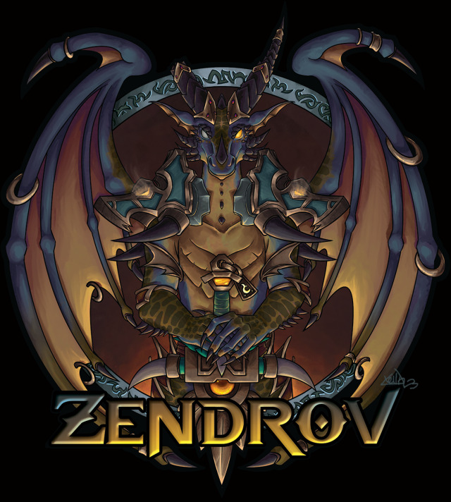 A digital illustration of a blue-black and yellow dracthyr with a broken horn holding a large two-handed sword inside a circle inscribed with runes.  The whole picture is lit from below, and the name "Zendrov" is displayed prominently at the bottom.