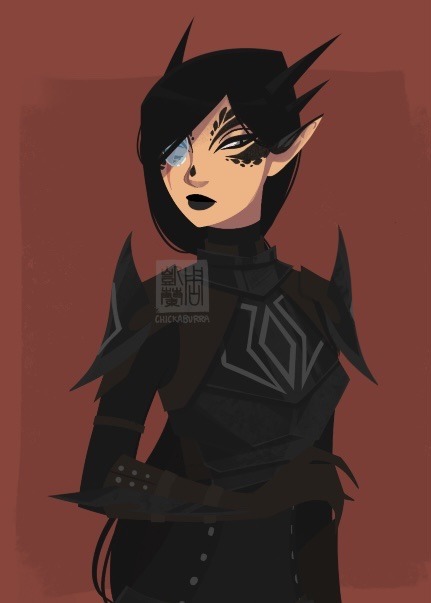 A dragon-woman dressed in black, metal armor and dark leathers. Her sleek, black hair is loosely tied in a long ponytail. Her face is heart-shaped and adorned with black scales. Behind her ears are four narrow, black horns. Her eyes are narrow, with one covered partially by her hair and a blue monocle. Based on her stern and skeptical expression, this woman seems to be judging something - or someone.