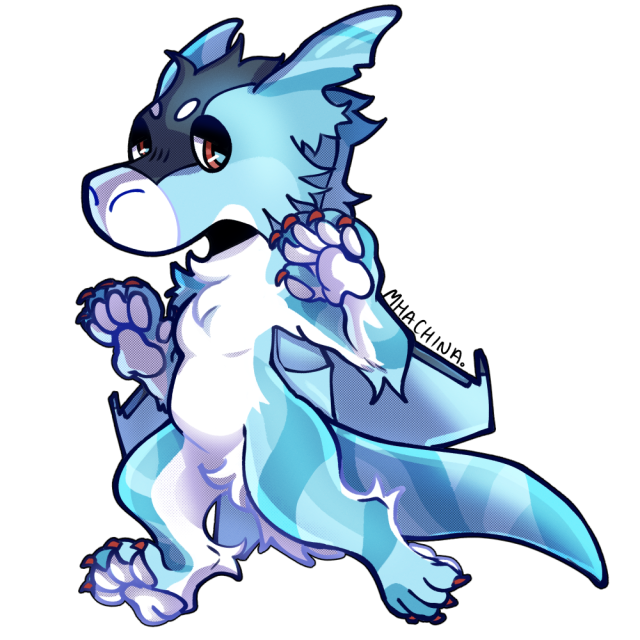 ID: A coloured chibi of a planedragon. It is blue and white with grey accents on the head and wings. End ID