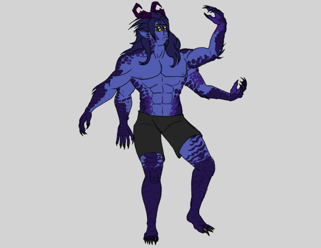 Picture of Tevruden, about halfway in between his human form and dragon form-- he's got four arms, scales and horns