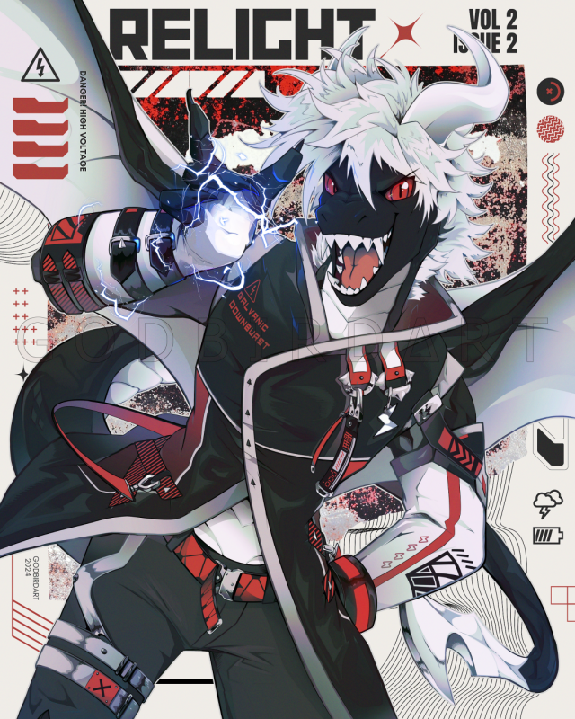 artwork features RelightCharge's character Relight. Relight is a black dragon with white curved horns and messy white hair. The inner webbing of his wings is also white as well as the plates running down the front of his neck, belly and under his tail. His tail ends with a sickle-like claw. Here he is drawn in a techwear-style outfit: black and white with red accents. He has one hand raised close to his face, showing off a spark of blue electricity around it. "Galvanic Downburst" is written across one side of his jacket's breast. The background text includes Relight's name, as well as "Danger! High Voltage" and "Vol 2, Issue 2". signature reads godbirdart 2024.