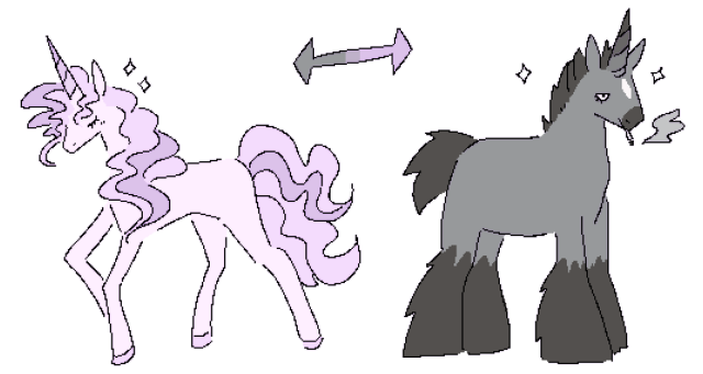 two drawings of unicorns. one is pink with wavy hair. the other is grey with short hair and is smoking a cigarette for some reason. the is an arrow above them to indicate the aforementioned scale of unicorn 