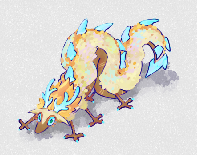 A digital drawing of the light dragon from the legend of zelda: tears of the kingdom. The creature's long elegant body is bunched up, arched in tension. gold and iridecent scales dapple her back, broken up by glowing cyan spines. six small, bird-like talons are splayed outwards from the body. a golden mane and glowing cyan antlers frame her sharp fuzzy face, and there's a wild look in her blue-green-lavender eyes. 