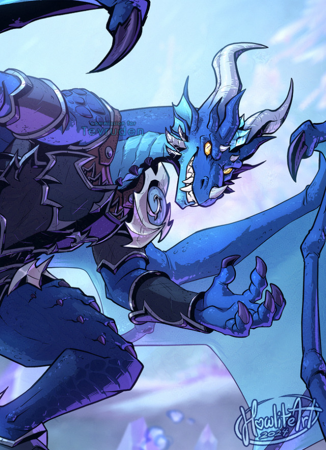 (Closer crop of above image) Digital art of a lightly armored blue dracthyr (dragon), slightly crouched in a ready pose, with his wings a bit curled in around him. He is grinning towards the viewer, poofs of spent magic trailing out around him.