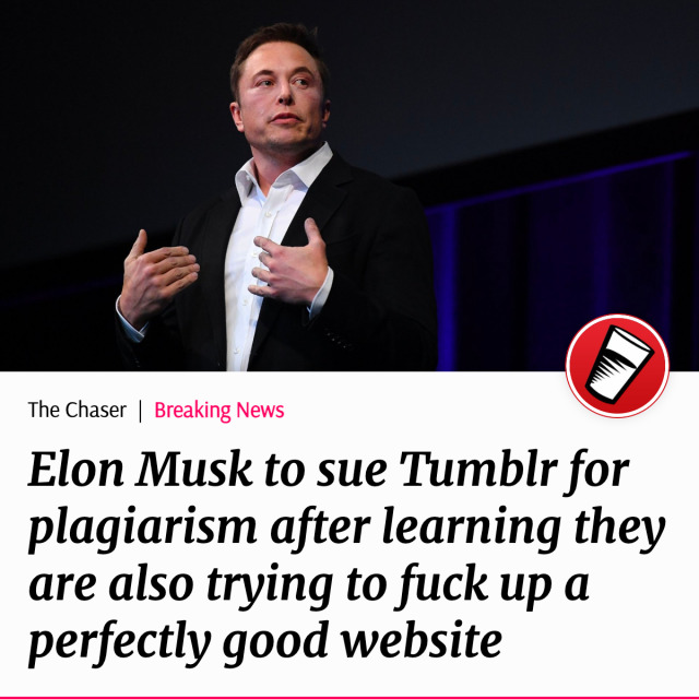 Headline reading: Elon Musk to sue Tumblr for plagiarism after learning they are also trying to fuck up a perfectly good website