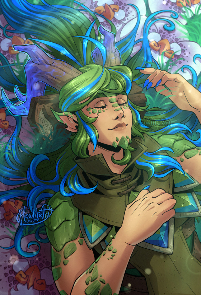 Digital art of a woman with green hair, antlers, and dragon scales on her skin. She is laying in a meadow of flowers with sharp beaks in place of a stamen, her hair spread out in the grass around her. Her eyes are closed and she looks content.