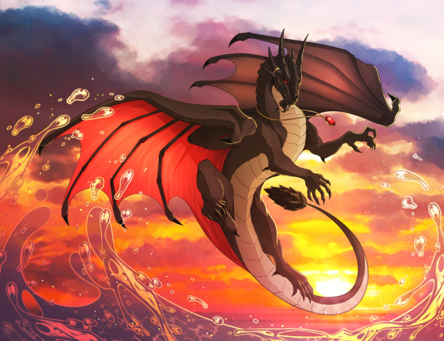 The image is of Wrathion from World of Warcraft, in his dragon form. He's twisting in the air above the ocean waves, as a sunset illuminates him.