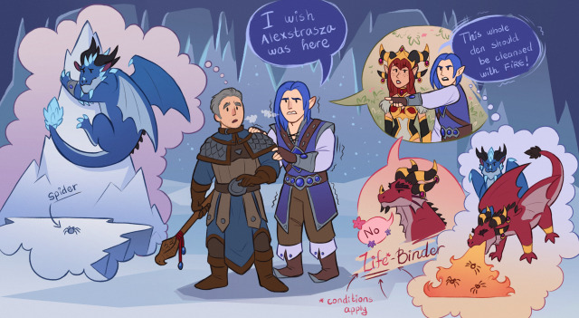 In a simple children's illustrated book style, Kalec is clinging to Khadgar and shivering out of fear as he is telling him how he will ask Alexstrasza to burn down the cave full of spiders in Vault of Incarnates. In his imagination, he thinks Alexstrasza will do it, but Alexstrasza obviously says no. Khadgar is just confused as he remembers Kalecgos, now in his dragon form, cartoonishly cowering in fear and climbing an ice pillar to get away from a tiny spider. 