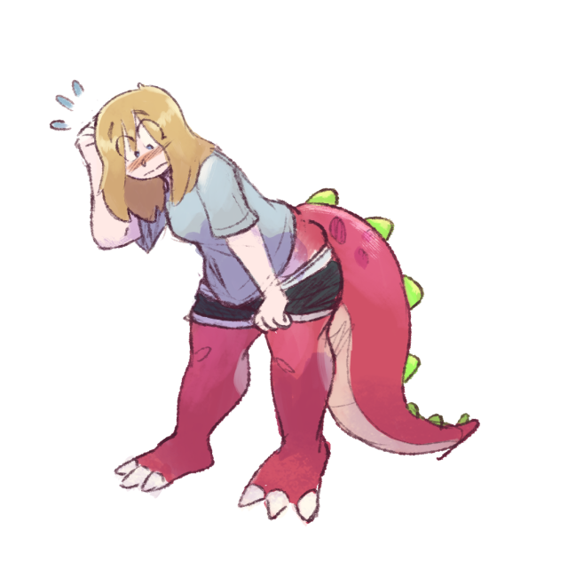 a blonde woman is bent over and looking at her legs. she is blushing. her legs are that of a dragon