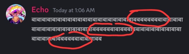 discord message by me, devanagari syllable bā typed multiple times, with 3 circled segments where vowels are just missing