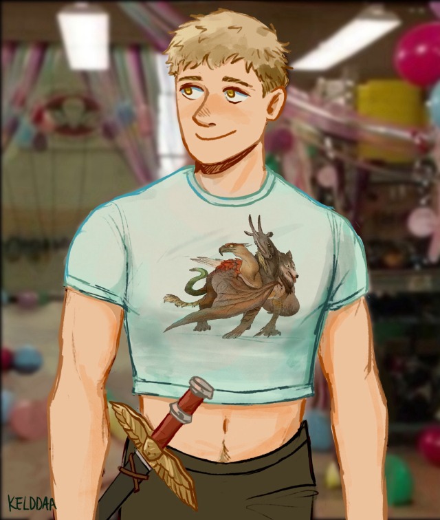 Laios Touden from Dungeon Meshi in a crop top depicting his strongest monster creation