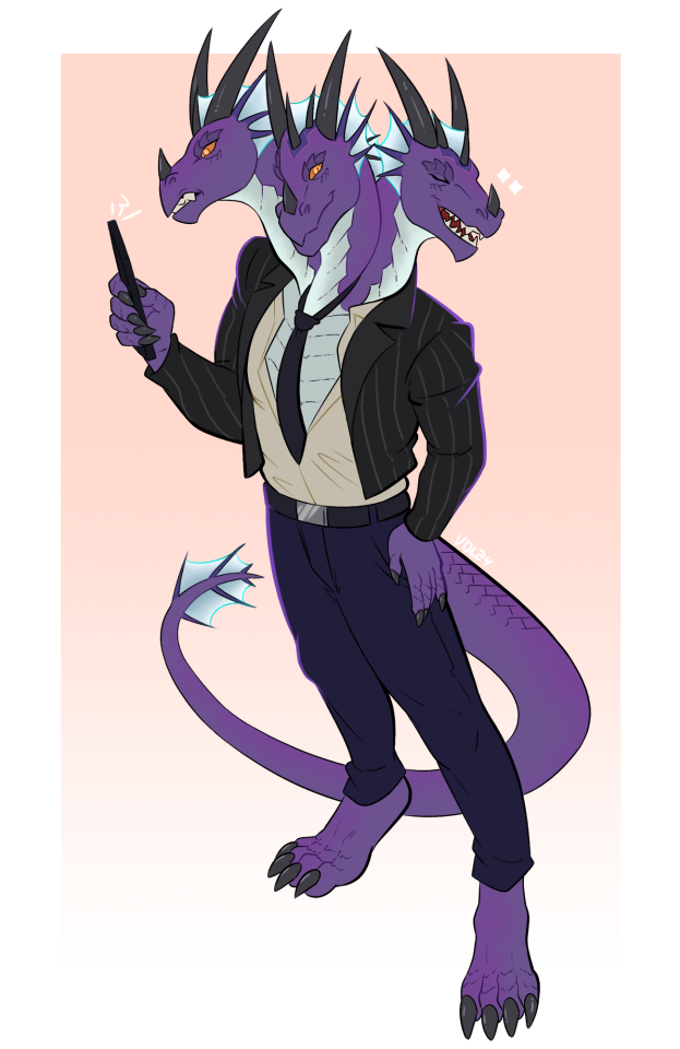 A tall purple anthropomorphic Hydra with 3 heads in a business suit. One head is busy looking at their cellphone, the middle one is relaxed and last is having a good time smiling.  