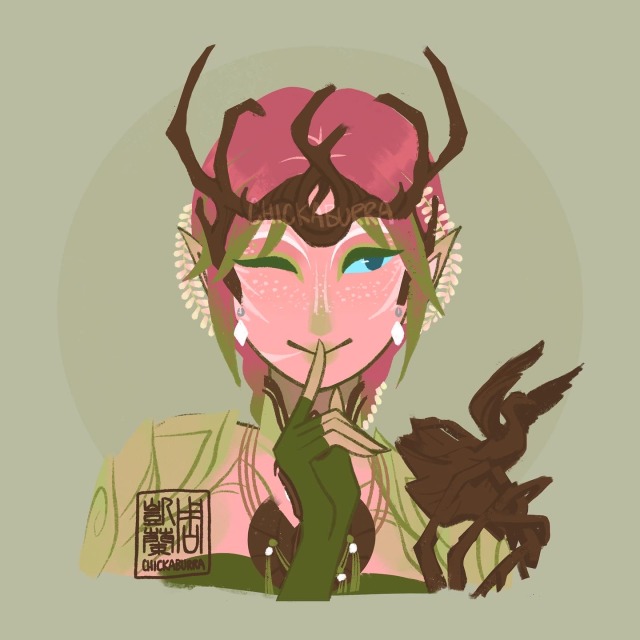 A portrait of a young sylvari woman from the Guild Wars franchise. She is mischievous and pink, and winks with a shushing-finger over a smile.