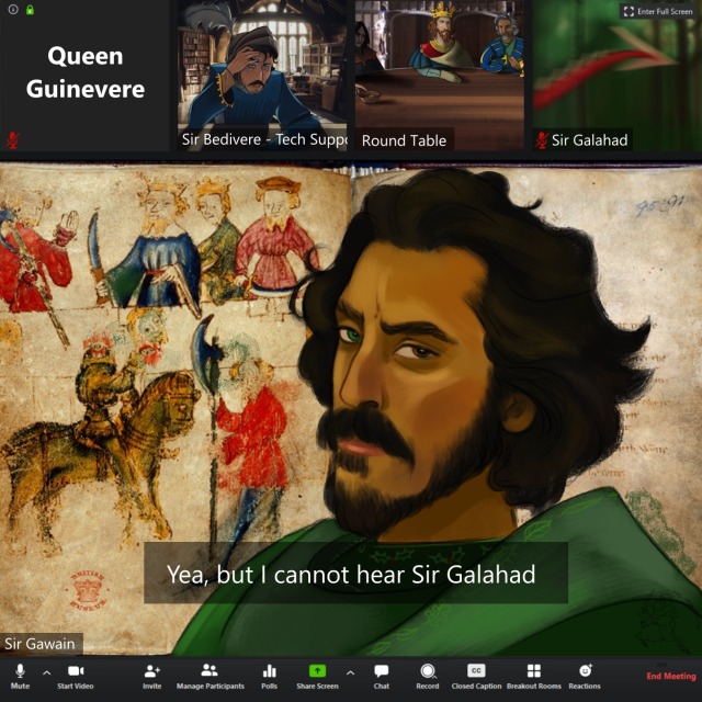 Sir Gawain is looking derisively at the camera saying: Yea, but I cannot hear Sir Galahad. in the top of the screen a motion-blurred dragon has replaced Sir Galahad