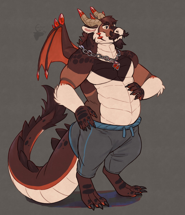 A dragon version of my sona stands in a casual pose, with one hand by his hip and the other resting on his soft, scaly belly. He's wearing cozy pants that go down to his ankles and extend partially over his thick, spiked dragon tail. He has a chained necklace resting on his chest; and there's a red gem inside of it matching the vibrant crystals on his wings, curved horns, and the side of his furred jaw. He's mostly covered in scales, but there's fur on the end of his tail, his elbows, and on his face to form a goatee and moustache.