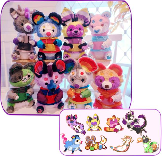 Two rows of four plushies, each about 12 in long and sitting with arms curled. Their color schemes coordinate with a pride flag. From top left, there is an ace dragon, pan possum, nonbinary bat and trans otter. From bottom left, there is an aromantic cat, bi hyena, gay painted dog, and lesbian tanuki. 