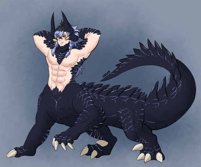Muscular Au Ra Xaela from Final Fantasy XIV with 2 pair of horns. They have the lower body of a reptile adjacent creature. A lot of dark scales spikes, the hind legs sports a raptor like claw and a large long tail.