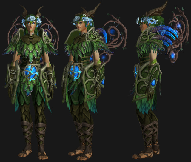 Game model screenshots of a dracthyr's visage form wearing the foresty armor in the second image.