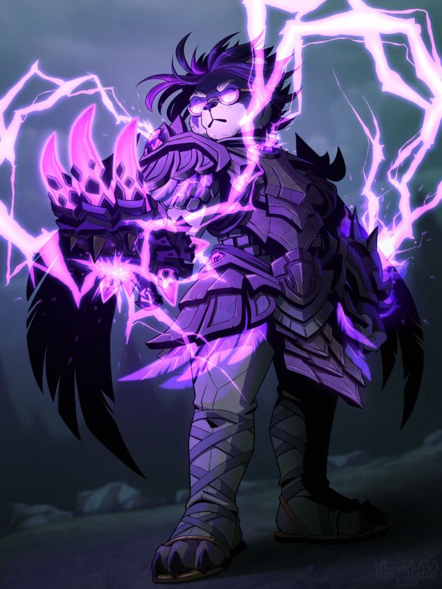 Worm's-eye-view of a Pandaren standing with her arm out, wielding a purple-clawed fist weapon. Purple lightning arcs above and behind her, reflecting off her half-moon glasses. Her hair is being blown around by the wind.