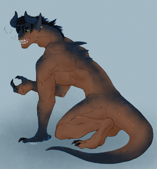 the awkward phase between a feral dragon and a human, very lanky and barely scale covered body. Long neck and little spines on the back with claws
