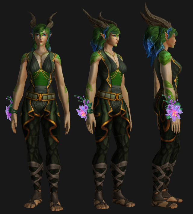 Game model screenshots of a dracthyr's visage form wearing a set similar to the green dress in the second image.