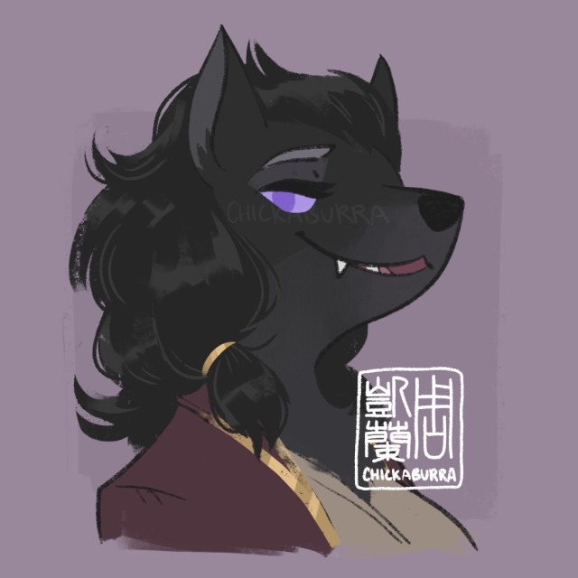 A cutesy drawing of a black-furred worgen from the World of Warcraft universe. She wears a sly smile.