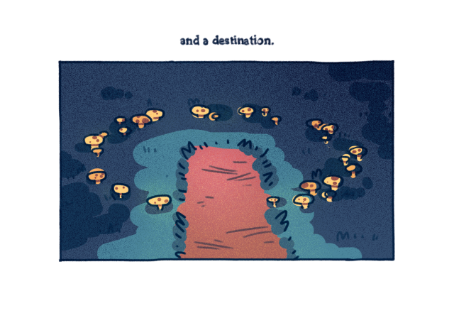 Text: "and a destination." Image: A close-up of the end of the dirt path, which terminates in a circle of mushrooms.