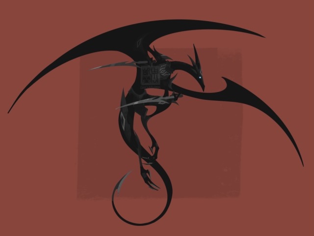 A sleek, wiry black dracthyr with long, narrow wings, a long neck, a narrow head, a whip-like tail, and gangly limbs. A round, blue eye stares blankly out. She wears black armor with diamond markings on her crown, her chest plate, her pauldrons, her vambraces, and her leg plates. On her hands and feet are metal extensions to her claws. At the end of her tail is a blade. She holds two daggers, and looks as though as she is about to swoop around to slash an opponent with them.