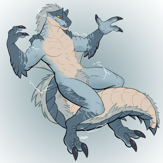 anthropomorphic version of the fanged Wyvern Tobi-Kadachi from monster hunter world. Light and dark blue lizard with silver fur and red eye.