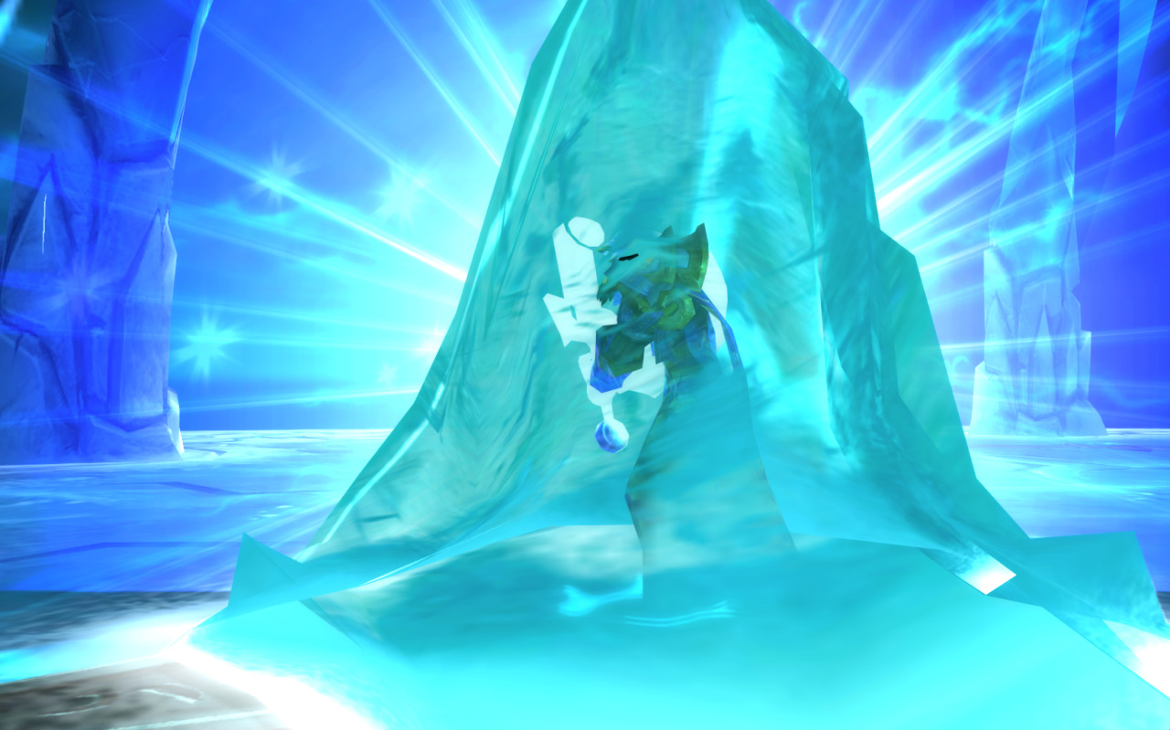 The Lich King freezes Highlord Tirion Fordring in a block of ice.